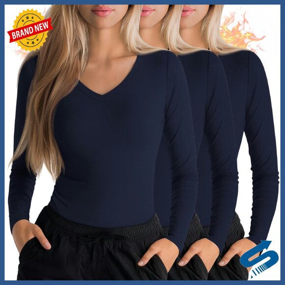 3 Pack Long Sleeve Thermal Fleece Under Scrubs Slim Fit Stretchy Nurse Top